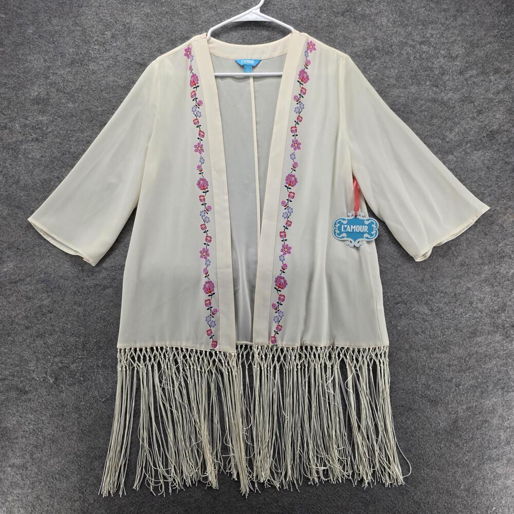 L'AMOUR Nanette Lepore Jacket Womens L White Kimono Open Fringe Embroidered